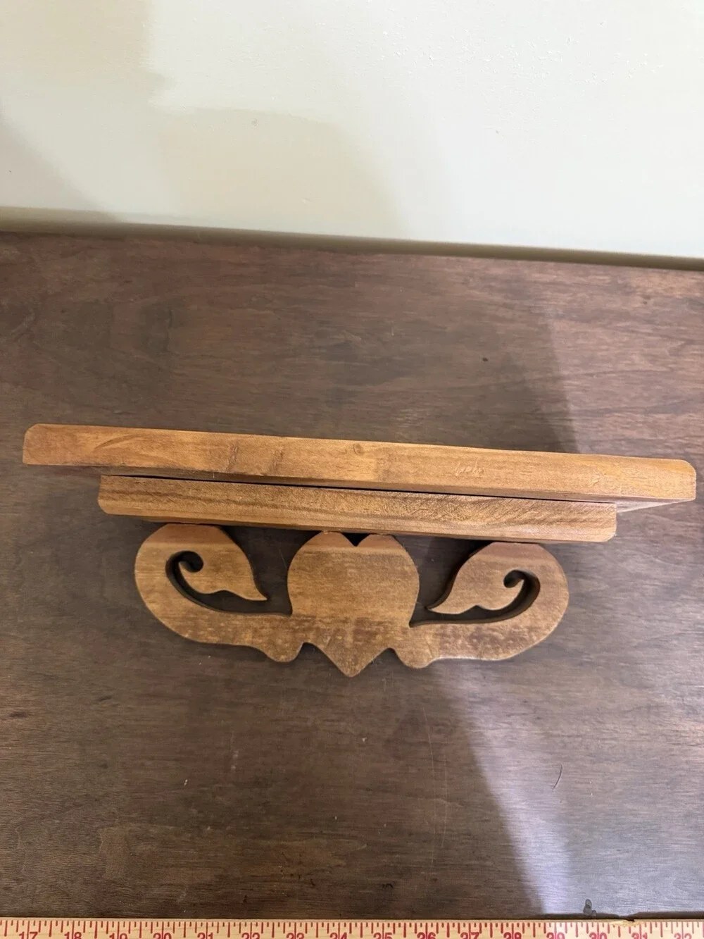 Vintage Handcrafted Wooden Wall Shelf with Heart and Scroll Carved Bracket